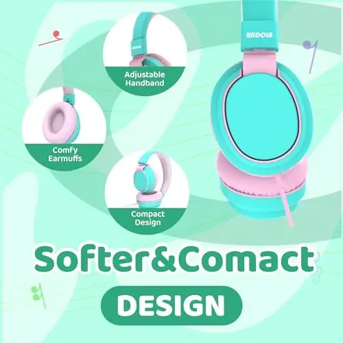 MIDOLA Kids Headphone Wired Volume Limited 85/94dB Over-Ear/On-Ear Foldable Headset with Microphone Hearing Protection Headphones for Toddler Boy Girl Child School Learning Pad Tablet Cyan - 5