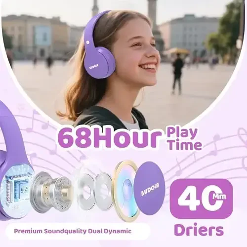 MIDOLA Kids Headphones Bluetooth 5.3 Wireless 60H Play Time Volume Limit 85/110dB Over Ear Foldable Protection Headset/Wired AUX Cord Mic for Boy Girl Travel School Phone Pad Tablet Light Purple - MIDOLA (1)