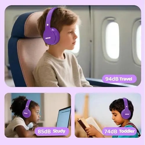 MIDOLA Kids Headphones Bluetooth 5.3 Wireless 60H Play Time Volume Limit 85/110dB Over Ear Foldable Protection Headset/Wired AUX Cord Mic for Child Boy Girl Travel School Phone Pad Tablet Purple - 3