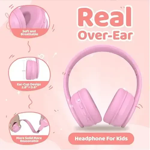 MIDOLA Kids Headphones Bluetooth 5.3 Wireless 60H Play Time Volume Limit 85/110dB Over Ear Foldable Protection Headset/Wired AUX Cord Mic for Children Boy Girl Travel School Phone Pad Tablet Pink - 5