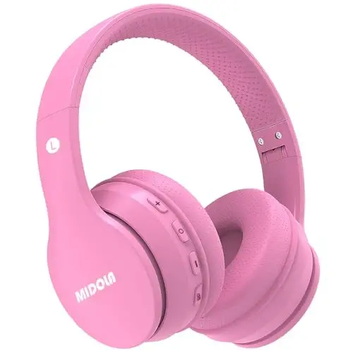 MIDOLA Kids Headphones Bluetooth 5.3 Wireless 60H Play Time Volume Limit 85/110dB Over Ear Foldable Protection Headset/Wired AUX Cord Mic for Children Boy Girl Travel School Phone Pad Tablet Pink 