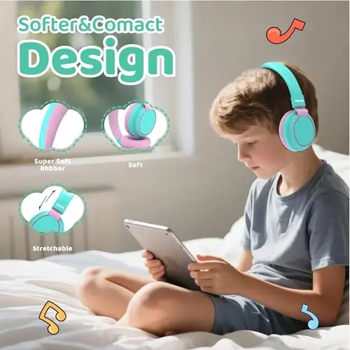 MIDOLA Kids Headphones Bluetooth 5.3 Wireless 60H Play Time Volume Limited 85/110dB Over Ear Foldable Protection Headset/Wired Aux Built-in Mic for Boy Girl Travel School Pad Tablet Cyan - 3