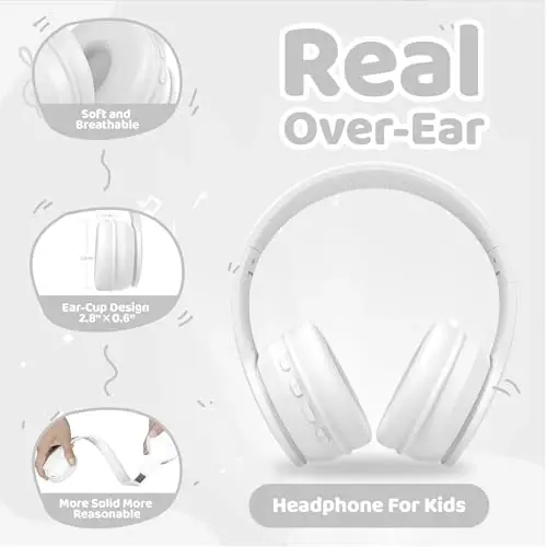 MIDOLA Kids Headphones Bluetooth 5.4 Wireless 68H Play Time Volume Limit 85/94dB Over-Ear Foldable Headset,Type-C Fast Charging, Wired Aux Mic for Toddler Child Pad Tablet White - 6