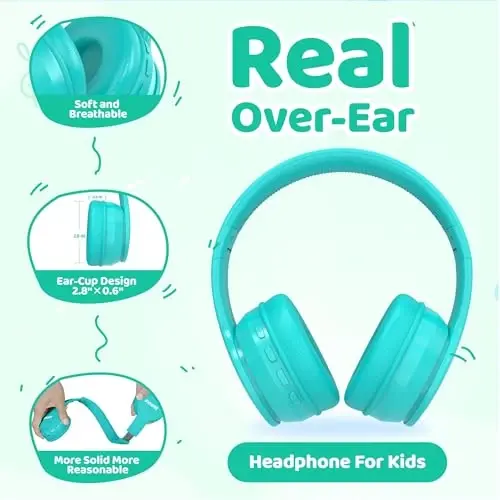 MIDOLA Kids Headphones Bluetooth 5.4 Wireless 68H Play Time Volume Limit 85/94dB Over-Ear Foldable Headset,Type-C Fast Charging,Wired Aux Mic for Toddler Child Pad Tablet Cyan - 6