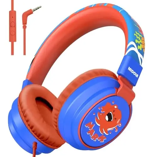 MIDOLA Kids Headphones Volume Limited 85/110dB for Over-Ear Foldable Sound Protection Headset with Mic Inline AUX 3.5mm Cord for Child School Travel Tablet Pad Notebook Cartoon Blue - MIDOLA