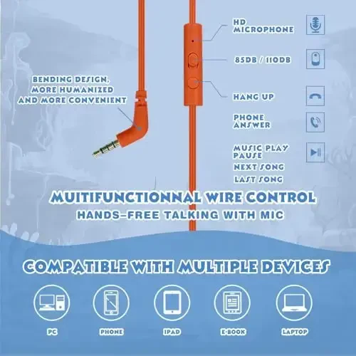 MIDOLA Kids Headphones Volume Limited 85/110dB for Over-Ear Foldable Sound Protection Headset with Mic Inline AUX 3.5mm Cord for Child School Travel Tablet Pad Notebook Cartoon Blue - 3