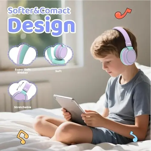 MIDOLA Kids Headphones Wireless Bluetooth 5.4 68H Play Time Volume Limit 85/94dB Over-Ear Foldable Headset,Type-C Fast Charging,with Wired Aux Mic for Toddler Boy Girl Pad Tablet Light Purple - 3
