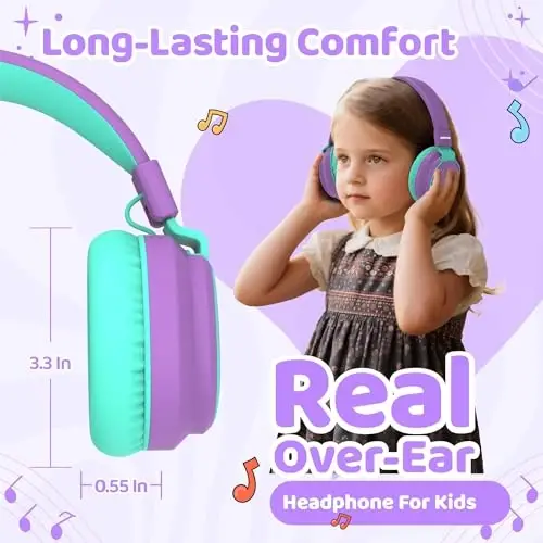 MIDOLA Kids Headphones Wireless Bluetooth 5.4 68H Play Time Volume Limit 85/94dB Over-Ear Foldable Headset,Type-C Fast Charging,with Wired Aux Mic for Toddler Boy Girl Pad Tablet Purple - 6