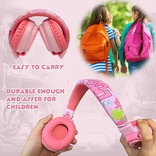MIDOLA Kids Headphones Wireless Bluetooth Volume Limit 85dB /110dB Over Ear Foldable Headset with Mic/Wired Inline AUX Cord for Children Boy Girl School Tablet Pad Phone Cartoon Pink - 6