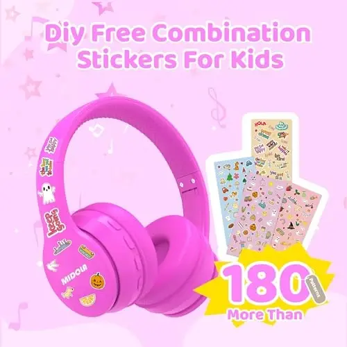 MIDOLA Kids Headphones Bluetooth 5.4 Wireless 68H Play Time Volume Limit 85/94dB Over-Ear Foldable Headset,Type-C Fast Charging, Wired Aux Mic for Toddler Child Pad Tablet Rose Red - 4