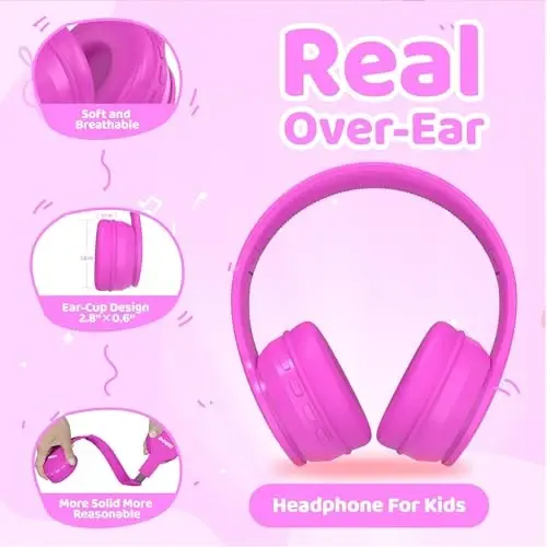 MIDOLA Kids Headphones Bluetooth 5.4 Wireless 68H Play Time Volume Limit 85/94dB Over-Ear Foldable Headset,Type-C Fast Charging, Wired Aux Mic for Toddler Child Pad Tablet Rose Red - 5