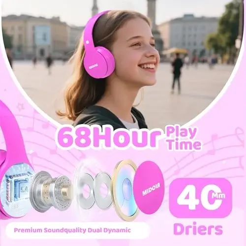 MIDOLA Kids Headphones Bluetooth 5.4 Wireless 68H Play Time Volume Limit 85/94dB Over-Ear Foldable Headset,Type-C Fast Charging, Wired Aux Mic for Toddler Child Pad Tablet Rose Red - MIDOLA (1)