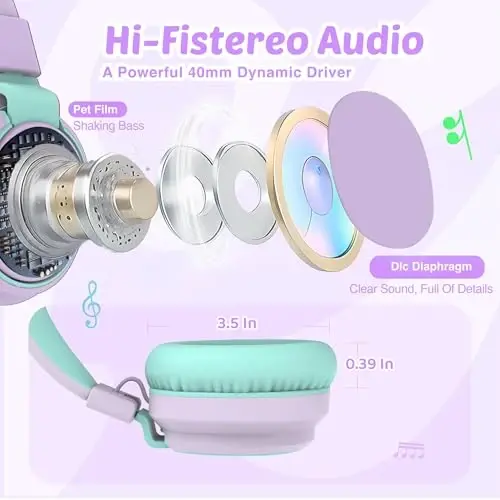 MIDOLA Headphone Kids Volume Limited 85/110dB Wired Over-Ear/On-Ear Foldable Headset with Inline Cable AUX 3.5mm Cord Mic for Boy Girl Child PC Notebook Tablet Light Purple - 3