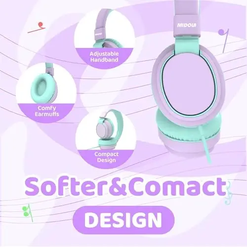 MIDOLA Headphone Kids Volume Limited 85/110dB Wired Over-Ear/On-Ear Foldable Headset with Inline Cable AUX 3.5mm Cord Mic for Boy Girl Child PC Notebook Tablet Light Purple - 5