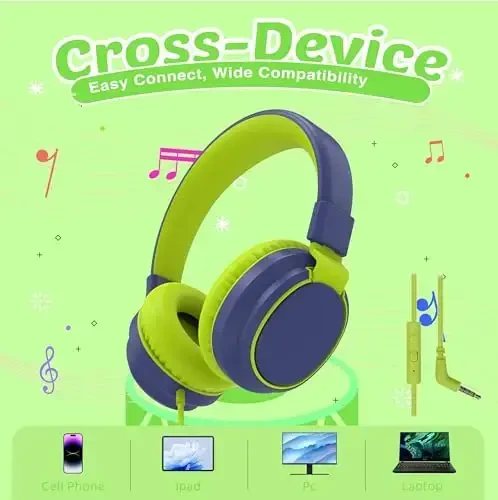 MIDOLA Volume Limited 85/110dB Kids Headphone Over-Ear/On-Ear Foldable Sound Noise Protection Headset with Inline AUX 3.5mm Cord w/Mic for Child School Cellphone Pad PC Notebook DeepBlueSky - 4
