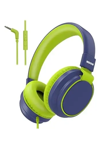 MIDOLA Volume Limited 85/110dB Kids Headphone Over-Ear/On-Ear Foldable Sound Noise Protection Headset with Inline AUX 3.5mm Cord w/Mic for Child School Cellphone Pad PC Notebook DeepBlueSky - 1