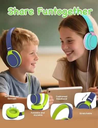MIDOLA Volume Limited 85/110dB Kids Headphone Over-Ear/On-Ear Foldable Sound Noise Protection Headset with Inline AUX 3.5mm Cord w/Mic for Child School Cellphone Pad PC Notebook DeepBlueSky - 2