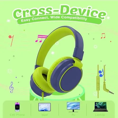 MIDOLA Volume Limited 85/110dB Kids Headphone Over-Ear/On-Ear Foldable Sound Noise Protection Headset with Inline AUX 3.5mm Cord w/Mic for Child School Cellphone Pad PC Notebook DeepBlueSky - 4