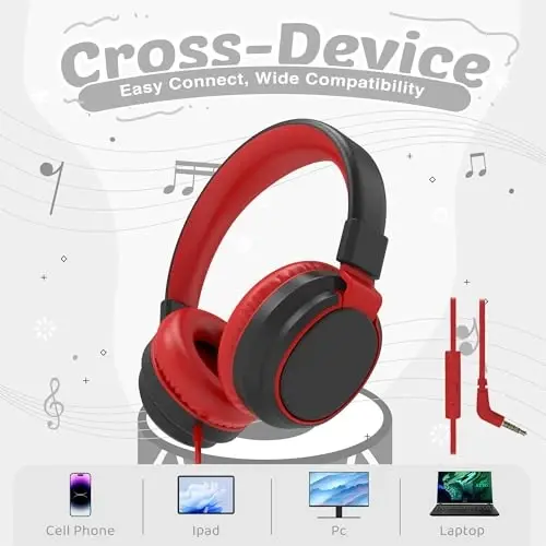 MIDOLA Volume Limited 85/110dB Kids Headphone Over-Ear/On-Ear Foldable Sound Noise Protection Headset with Inline AUX 3.5mm Cord w/Mic for Child School Cellphone Pad PC Notebook Black - 4