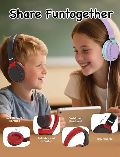 MIDOLA Volume Limited 85/110dB Kids Headphone Over-Ear/On-Ear Foldable Sound Noise Protection Headset with Inline AUX 3.5mm Cord w/Mic for Child School Cellphone Pad PC Notebook Black - MIDOLA (1)