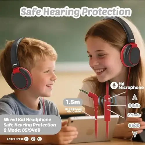 MIDOLA Volume Limited 85/110dB Kids Headphone Over-Ear/On-Ear Foldable Sound Noise Protection Headset with Inline AUX 3.5mm Cord w/Mic for Child School Cellphone Pad PC Notebook Black - MIDOLA