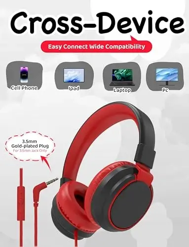 MIDOLA Volume Limited 85/110dB Kids Headphone Over-Ear/On-Ear Foldable Sound Noise Protection Headset with Inline AUX 3.5mm Cord w/Mic for Child School Cellphone Pad PC Notebook Black - 5