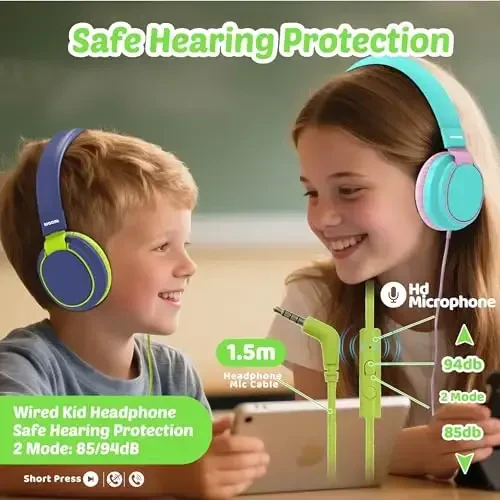 MIDOLA Volume Limited 85/110dB Kids Headphone Over-Ear/On-Ear Foldable Sound Noise Protection Headset with Inline AUX 3.5mm Cord w/Mic for Child School Cellphone Pad PC Notebook DeepBlueSky - 1