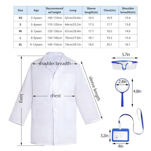Mifengda Çocuk Doktor Bilim İnsanı Kostümü Laboratuvar Önlüğü ve Gözlükleri Kimlik Kartlı Çocuk Giydirme Seti Cadılar Bayramı için Büyüteç - 2