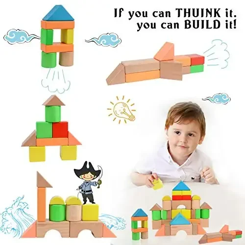 Migargle Large Wooden Building Blocks for Toddlers - Educational Preschool Learning Toys with Storage Bag, Innovative Shapes & Variety Colors to Build More Combinations （48Pcs） - 3