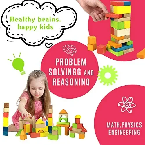 Migargle Wooden Building Blocks Set for Kids - Rainbow Stacker Stacking Game Construction Toys Set Preschool Colorful Learning Educational Toys - Geometry Wooden Blocks for Boys & Girls - 3