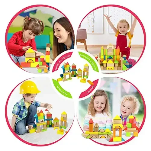 Migargle Wooden Building Blocks Set for Kids - Rainbow Stacker Stacking Game Construction Toys Set Preschool Colorful Learning Educational Toys - Geometry Wooden Blocks for Boys & Girls - 5