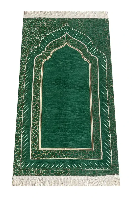 Mihrab Patterned Lined Chenille Prayer Rug - Green-Green - IHVAN ONLINE