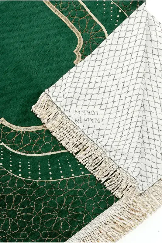Mihrab Patterned Lined Chenille Prayer Rug - Green-Green - 3
