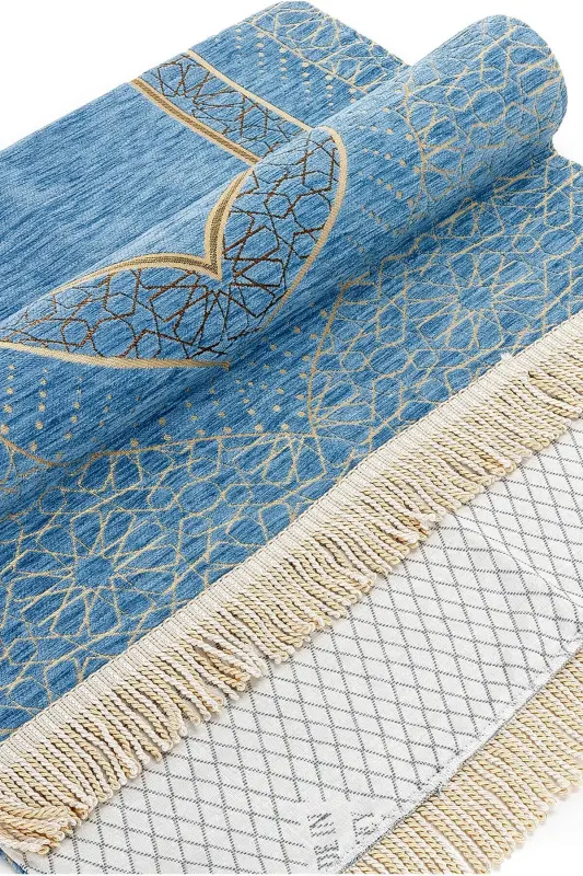 Mihrap Desenli Astarlı Şönil Seccade - Mavi-Mavi - 3