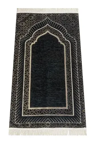 Mihrap Desenli Astarlı Şönil Seccade - Siyah-Siyah - 1