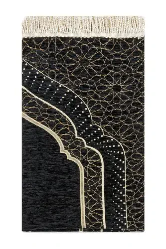 Mihrap Patterned Lined Chenille Prayer Rug - Black-Black - IHVAN ONLINE (1)