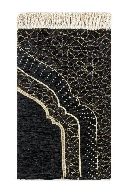 Mihrap Patterned Lined Chenille Prayer Rug - Black-Black - 2