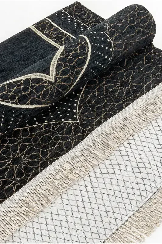 Mihrap Patterned Lined Chenille Prayer Rug - Black-Black - 4