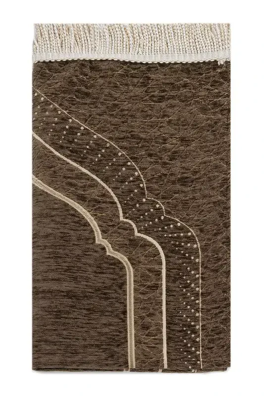 Mihrap Patterned Lined Chenille Prayer Rug - Brown-Brown - 1