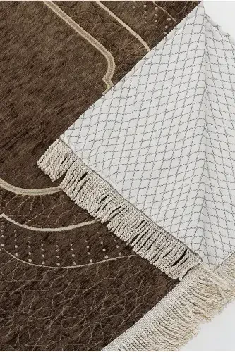 Mihrap Patterned Lined Chenille Prayer Rug - Brown-Brown - 3