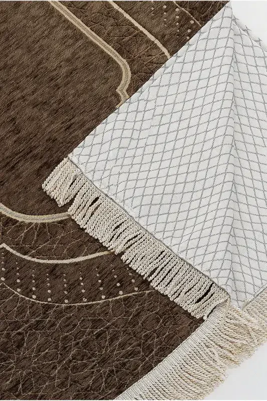 Mihrap Patterned Lined Chenille Prayer Rug - Brown-Brown - 3