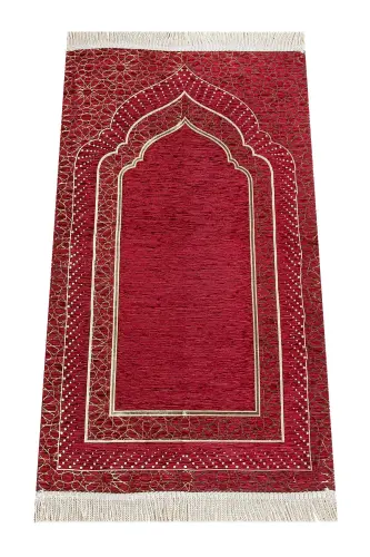 Mihrap Patterned Lined Chenille Prayer Rug - Claret Red-Claret Red - 1