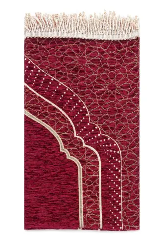 Mihrap Patterned Lined Chenille Prayer Rug - Claret Red-Claret Red - IHVAN ONLINE (1)