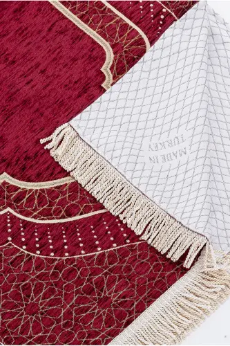 Mihrap Patterned Lined Chenille Prayer Rug - Claret Red-Claret Red - 3