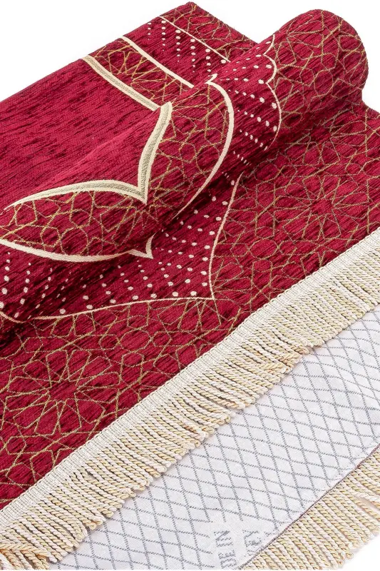 Mihrap Patterned Lined Chenille Prayer Rug - Claret Red-Claret Red - 4