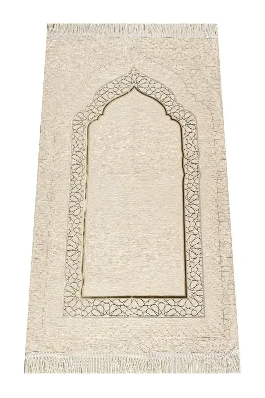 Mihrap Patterned Lined Chenille Prayer Rug - Cream-Cream - IHVAN ONLINE