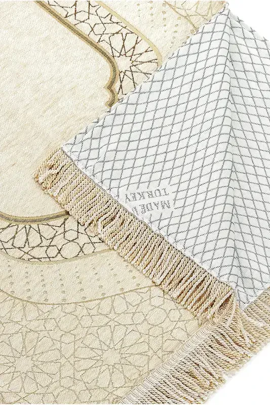 Mihrap Patterned Lined Chenille Prayer Rug - Cream-Cream - 2