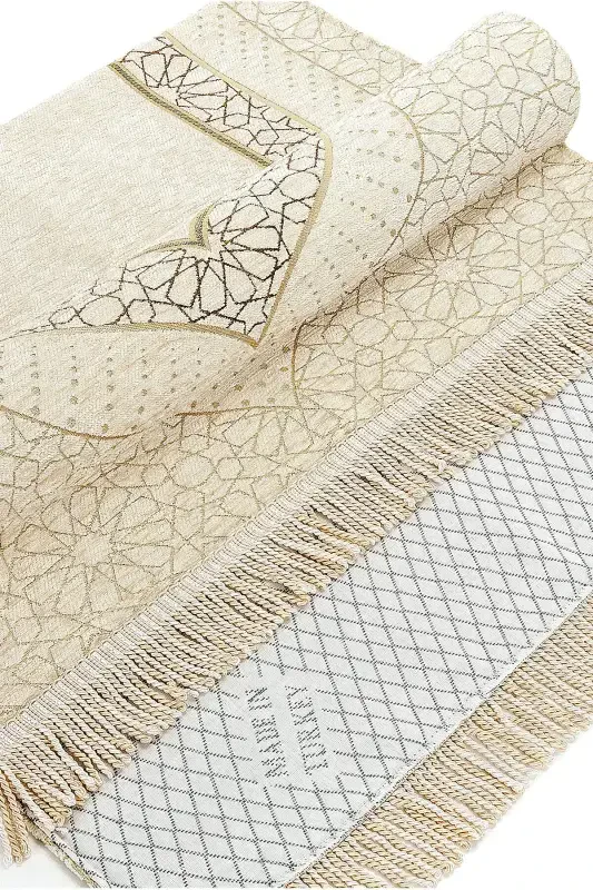 Mihrap Patterned Lined Chenille Prayer Rug - Cream-Cream - 3