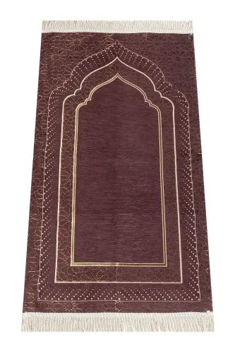 Mihrap Patterned Lined Chenille Prayer Rug - Dark Brown-Dark Brown - 1