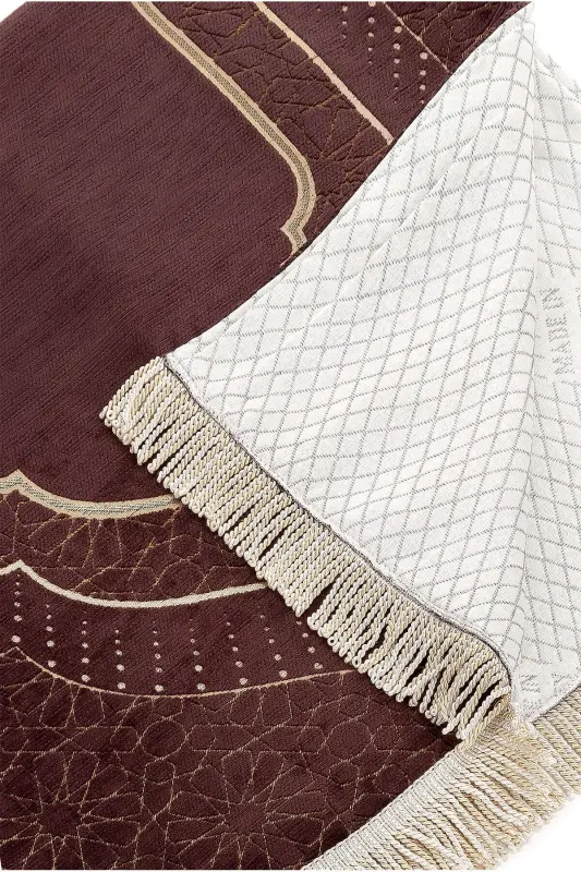 Mihrap Patterned Lined Chenille Prayer Rug - Dark Brown-Dark Brown - 3